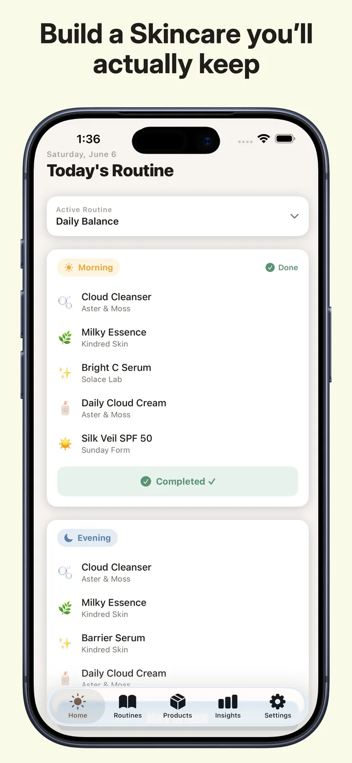 SkinRitual app showing Today's Routine with completed morning skincare steps